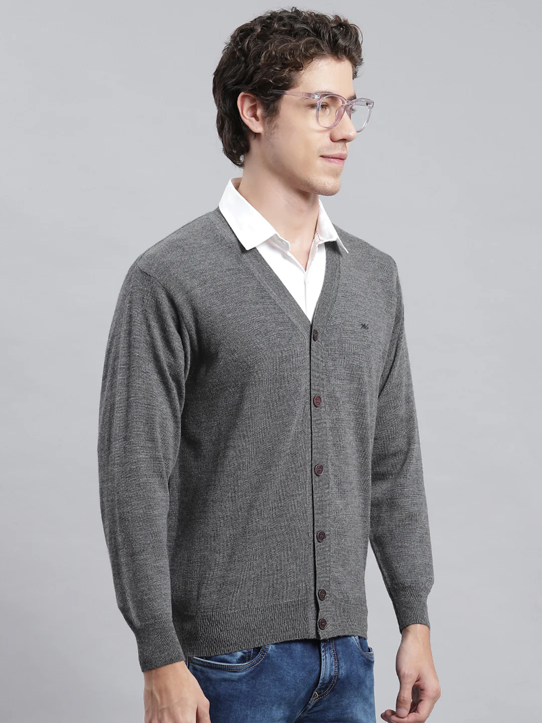 Men Grey Solid Cardigan - Image 4