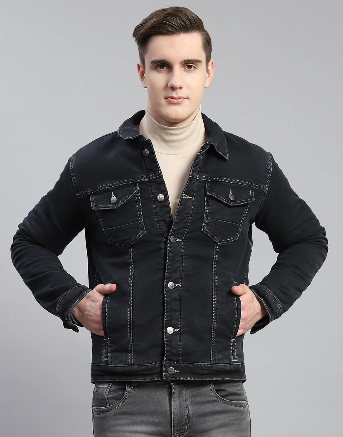 Men Grey Solid Collar Full Sleeve Jacket - Image 4