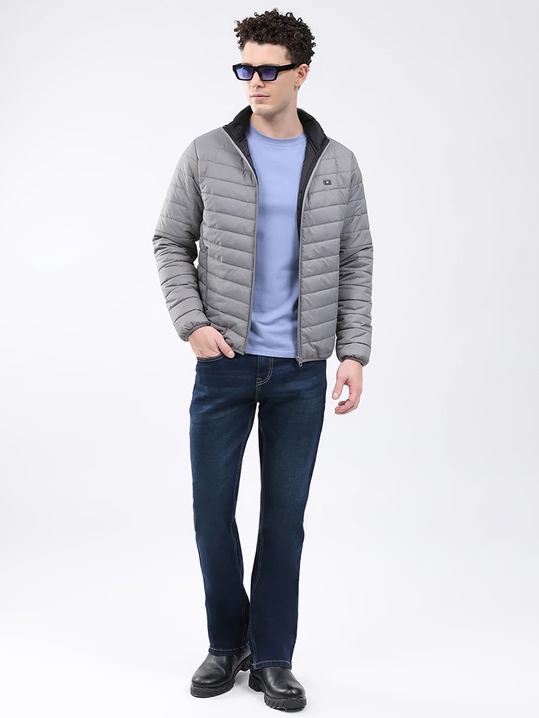 Men Grey Solid Collar Full Sleeve Jacket - Image 2