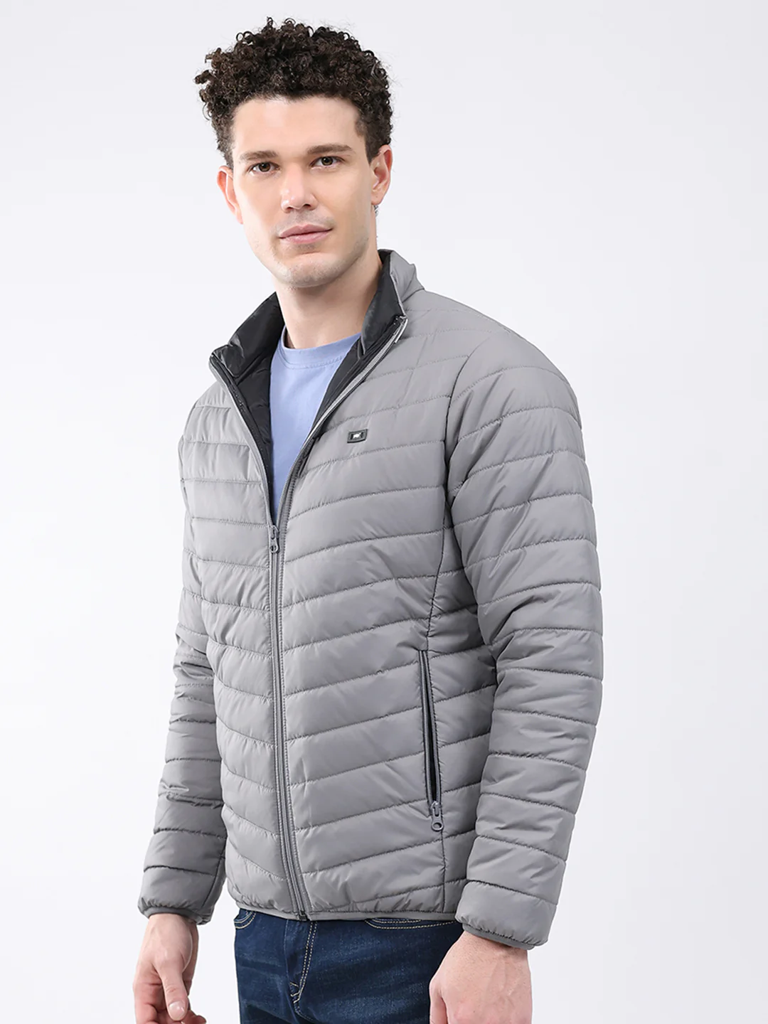 Men Grey Solid Collar Full Sleeve Jacket - Image 3