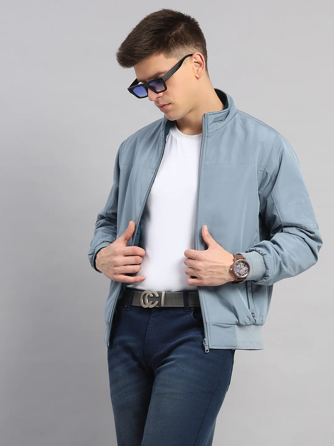 Men Grey Solid Collar Full Sleeve Reversible Jacket - Image 6