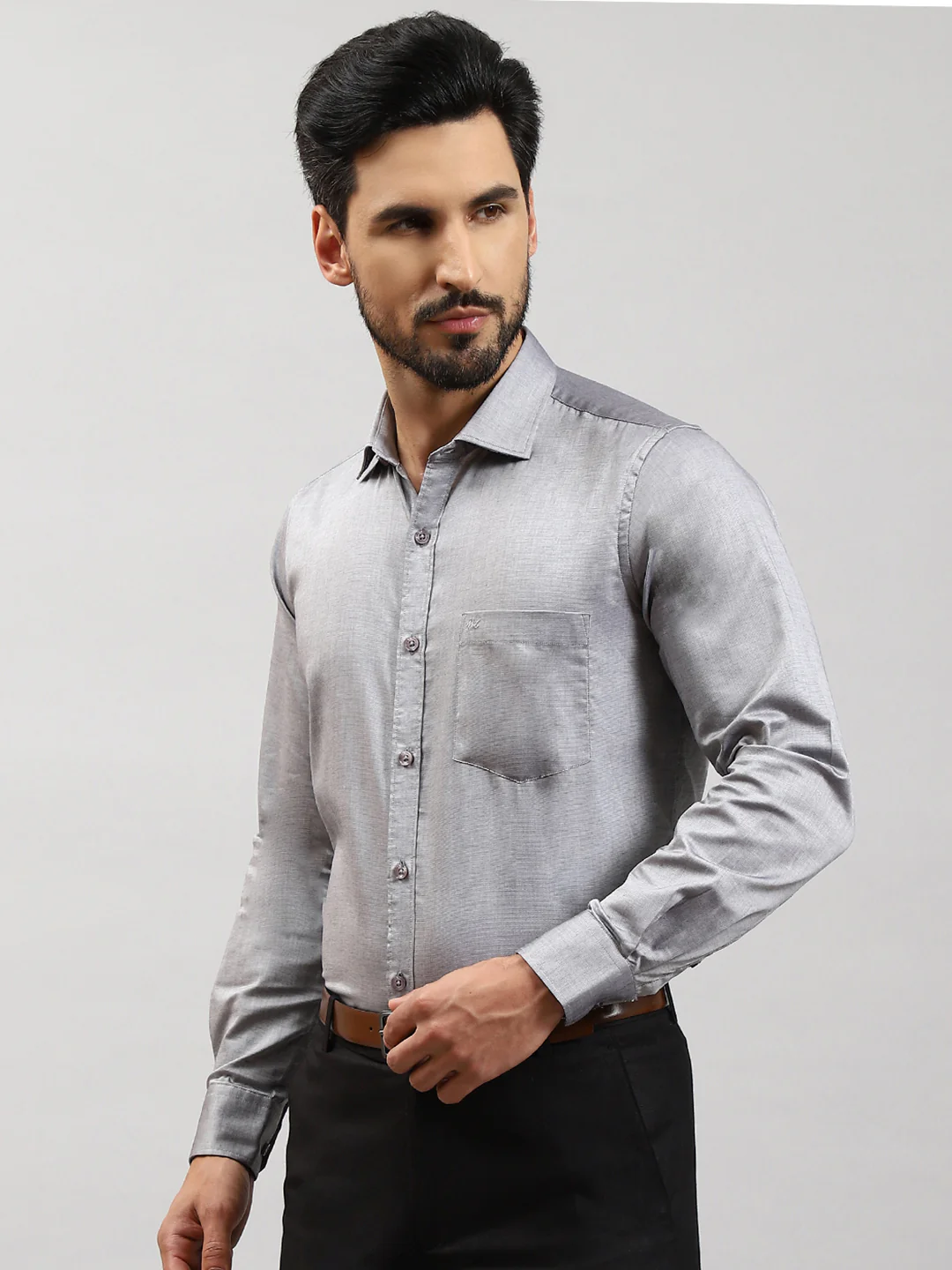 Men Grey Solid Collar Full Sleeve Shirts - Image 3