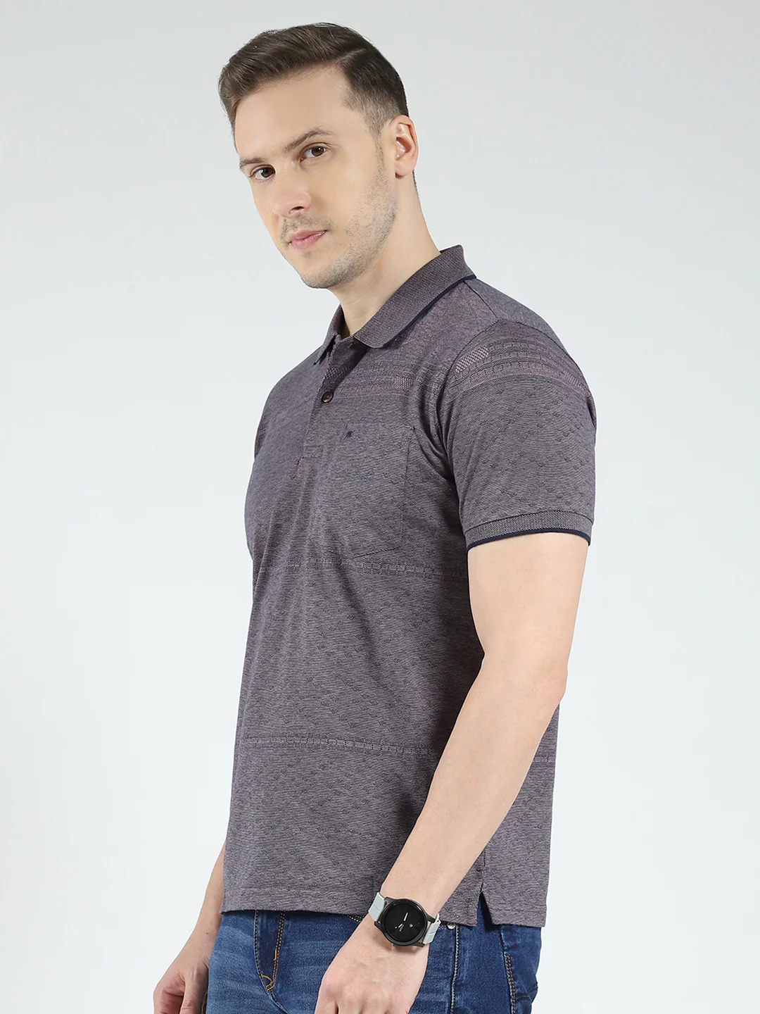 Men Grey Solid Collar Half Sleeve T-Shirt - Image 3