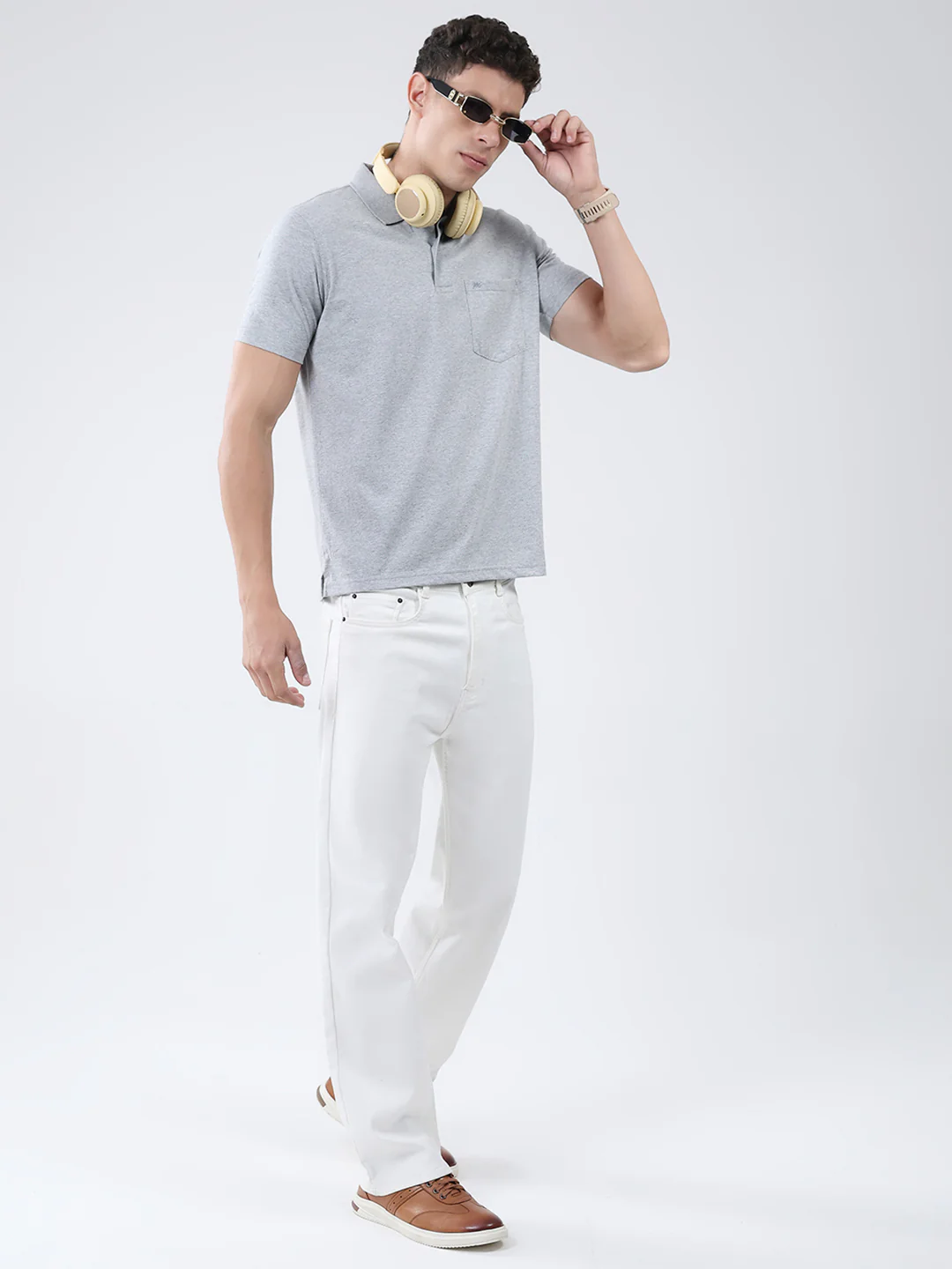 Men Grey Solid Collar Half Sleeve T-Shirt - Image 2