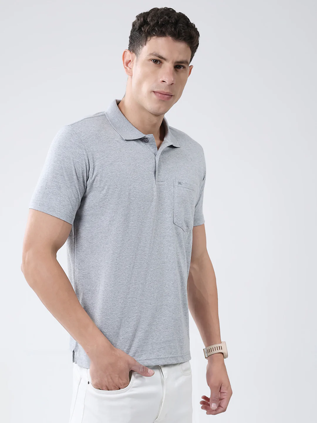 Men Grey Solid Collar Half Sleeve T-Shirt - Image 4