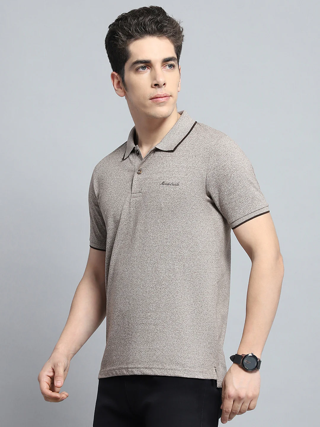 Men Grey Solid Collar Half Sleeve T-Shirt - Image 3