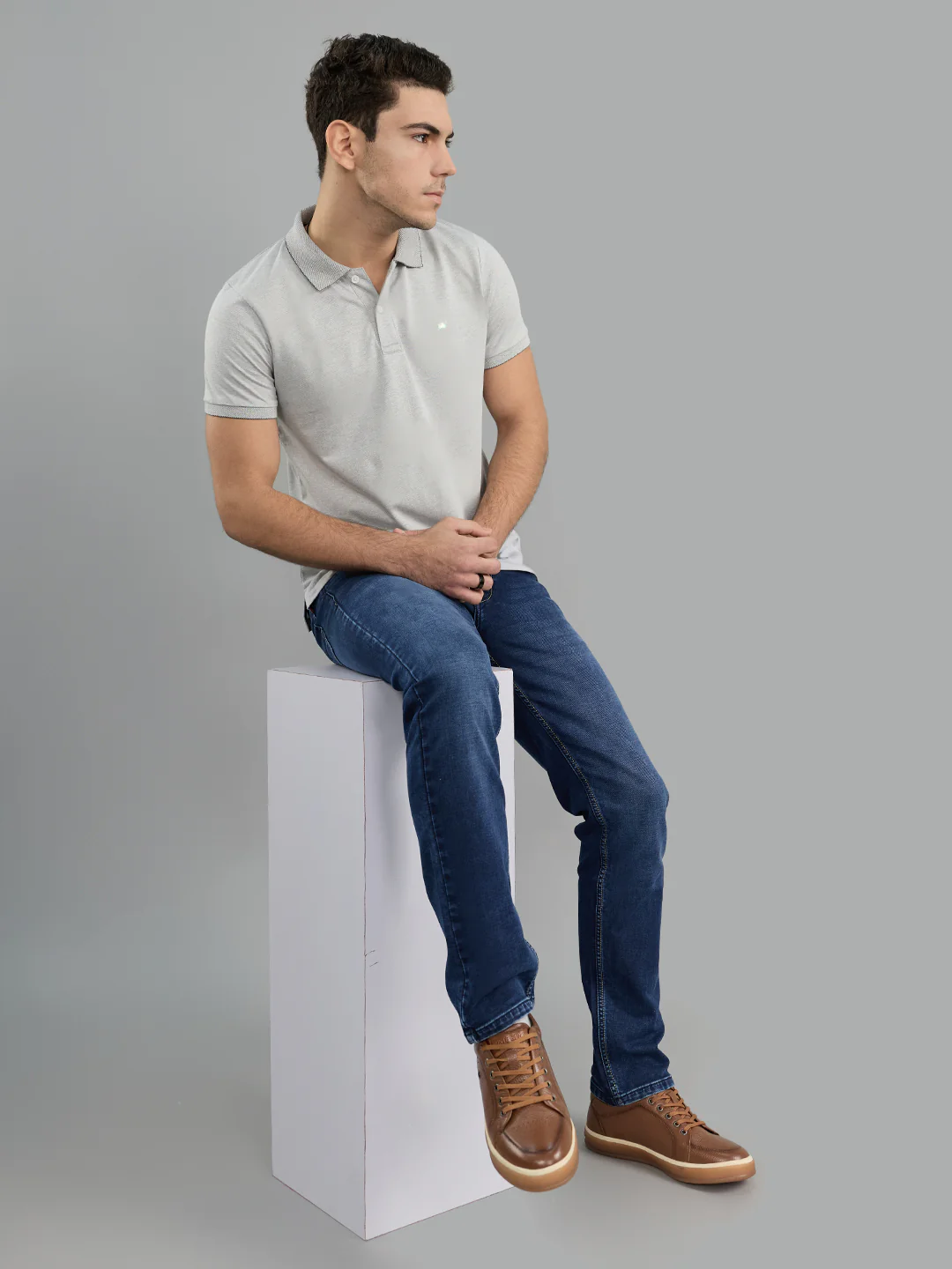 Men Grey Solid Collar Half Sleeve T-Shirt - Image 6