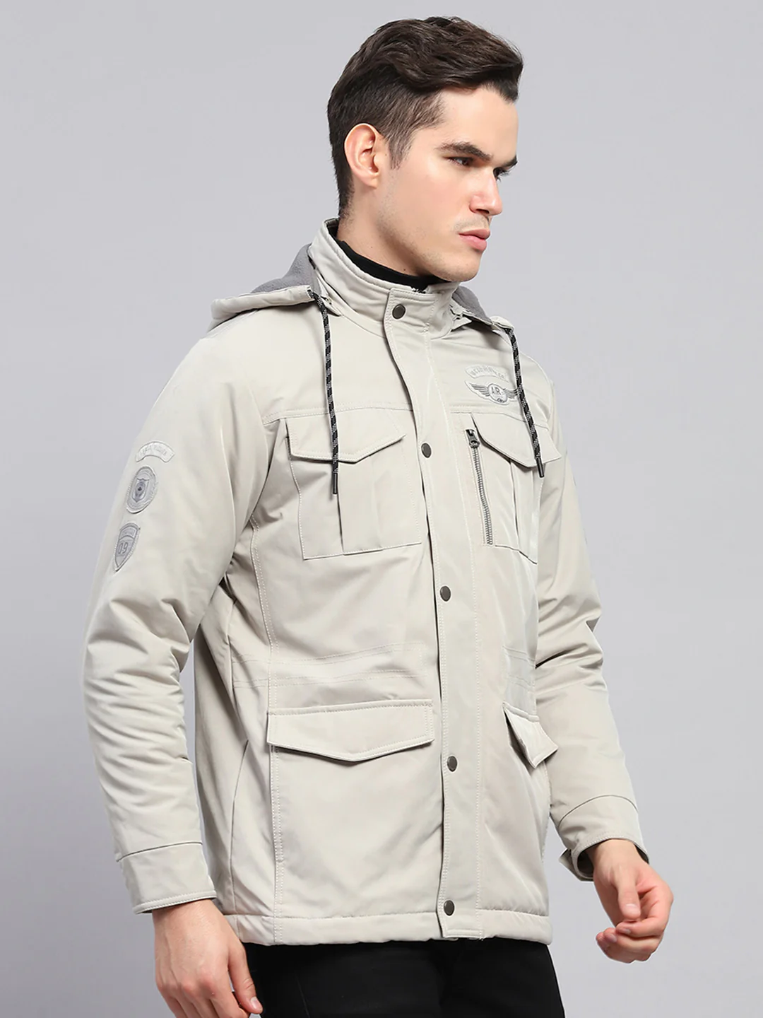 Men Grey Solid Detachable Hood Full Sleeve Jacket - Image 4