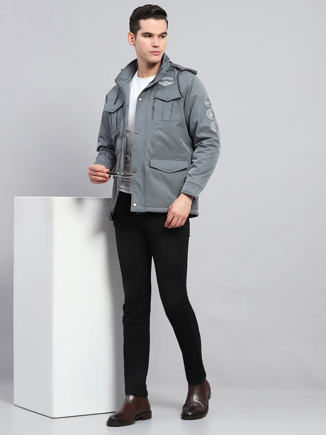 Men Grey Solid Detachable Hood Full Sleeve Jacket - Image 2