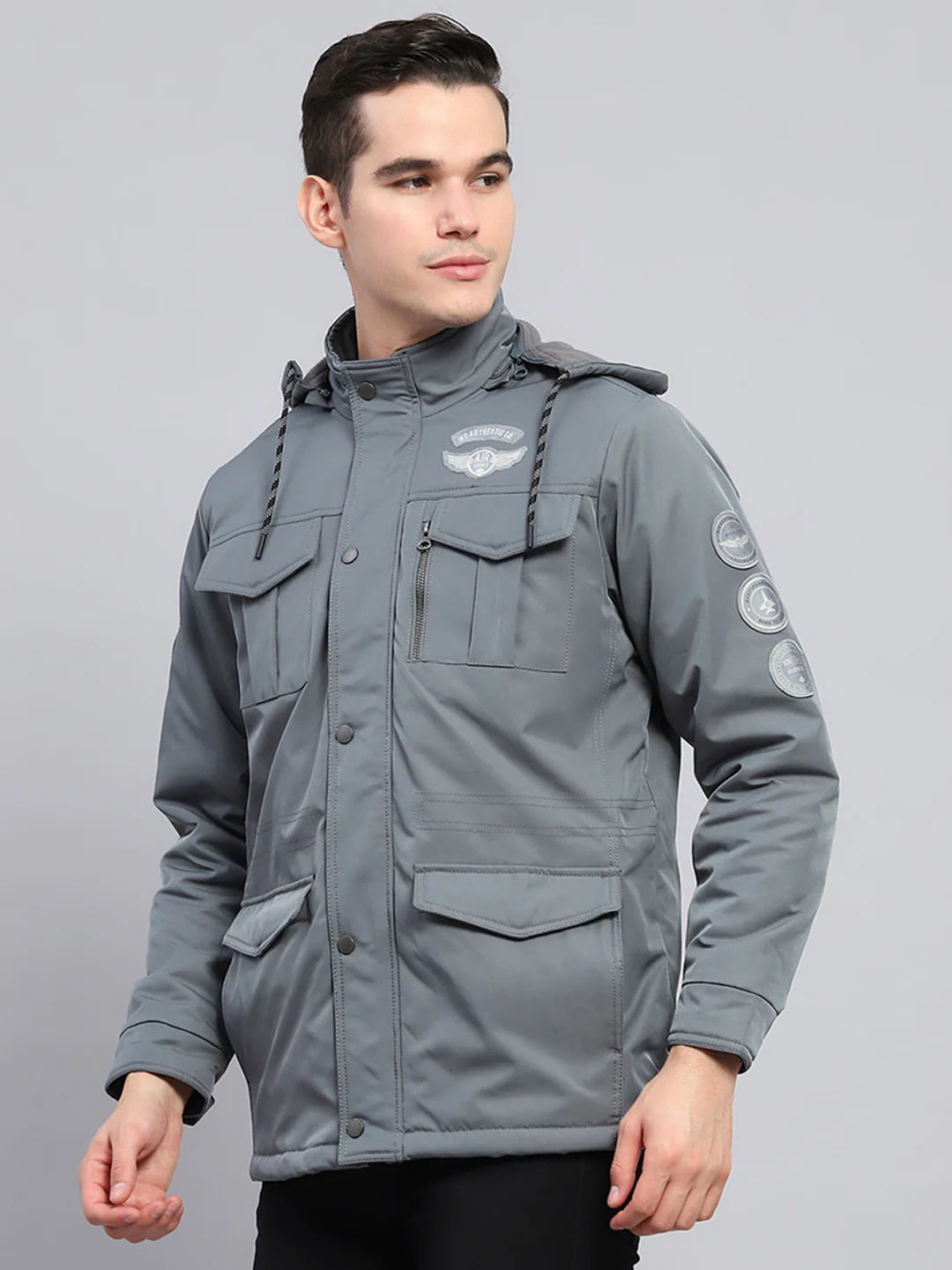 Men Grey Solid Detachable Hood Full Sleeve Jacket - Image 3