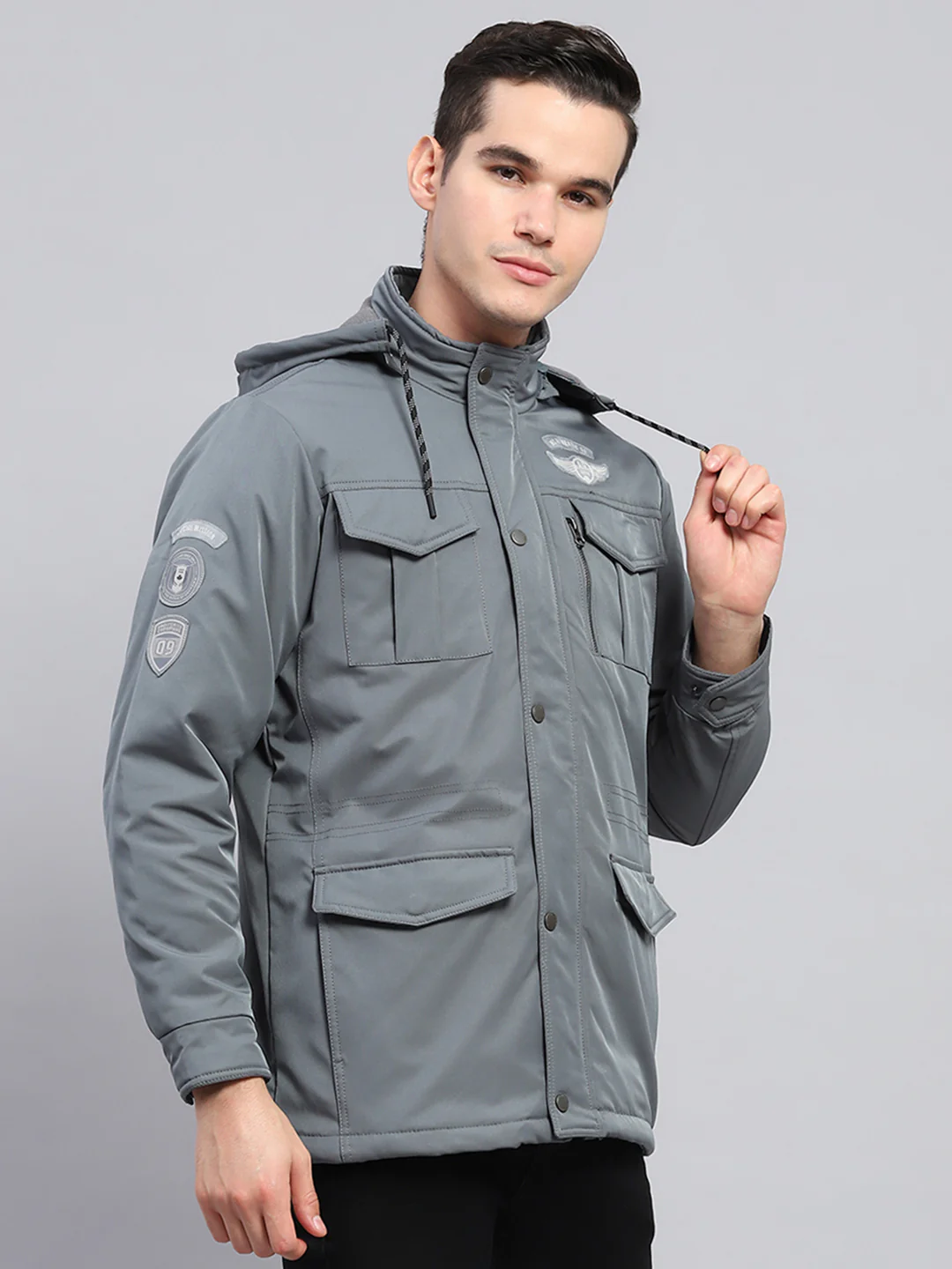 Men Grey Solid Detachable Hood Full Sleeve Jacket - Image 4