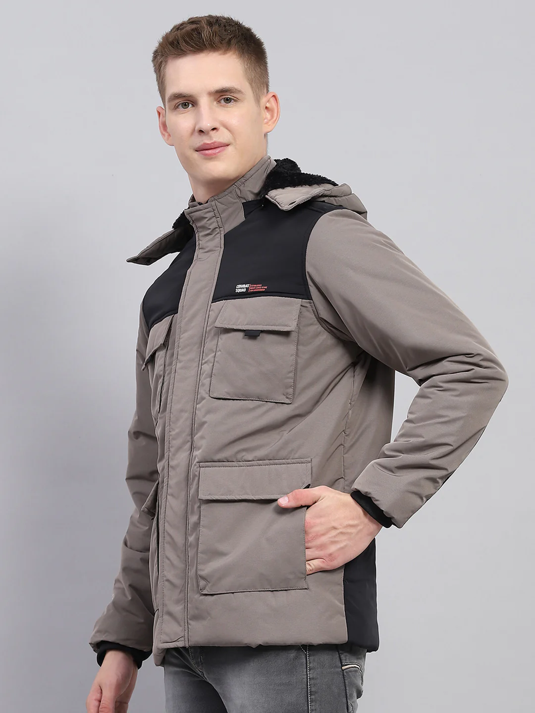 Men Grey Solid Detachable Hood Full Sleeve Jacket - Image 3