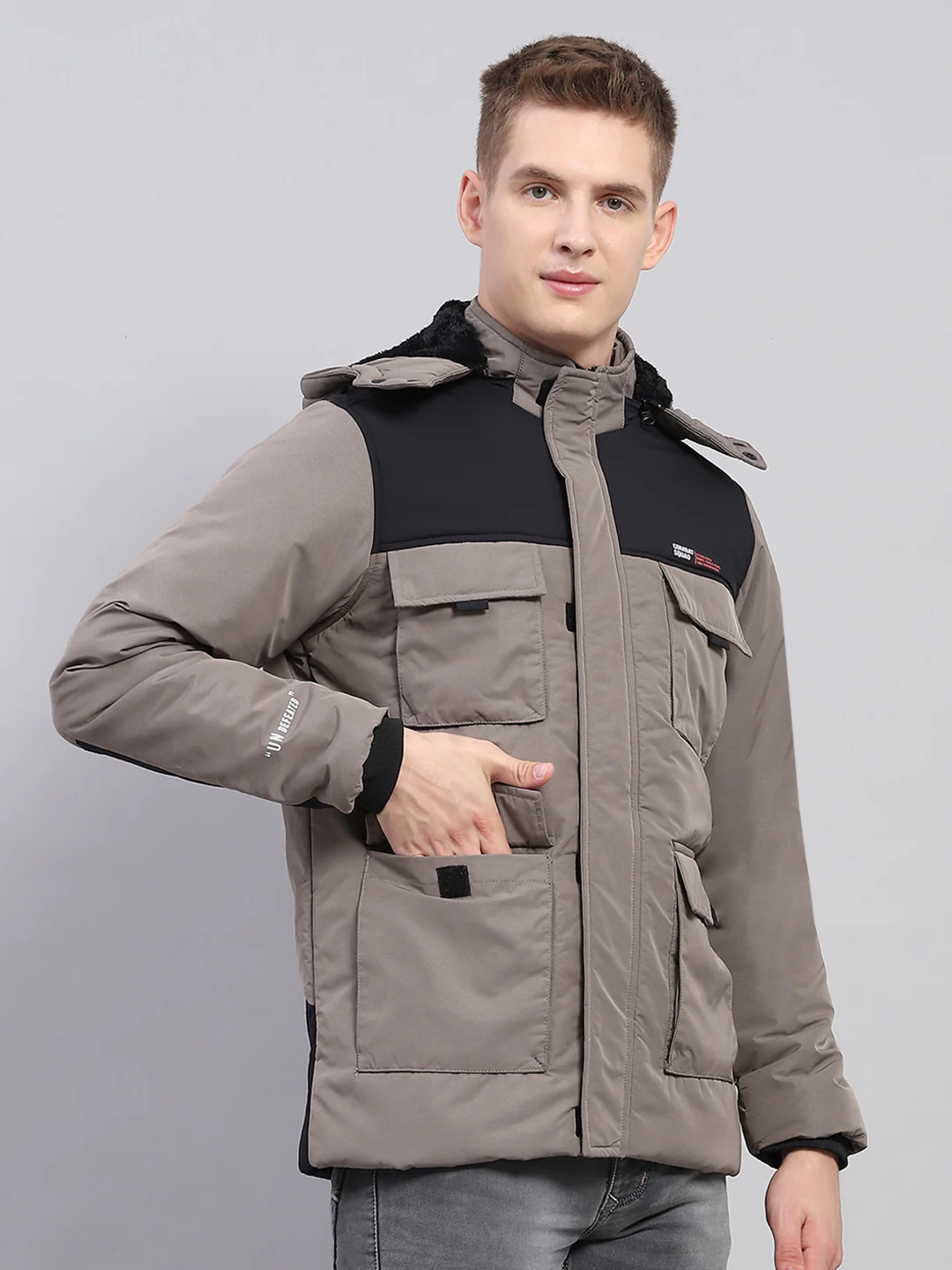 Men Grey Solid Detachable Hood Full Sleeve Jacket - Image 4