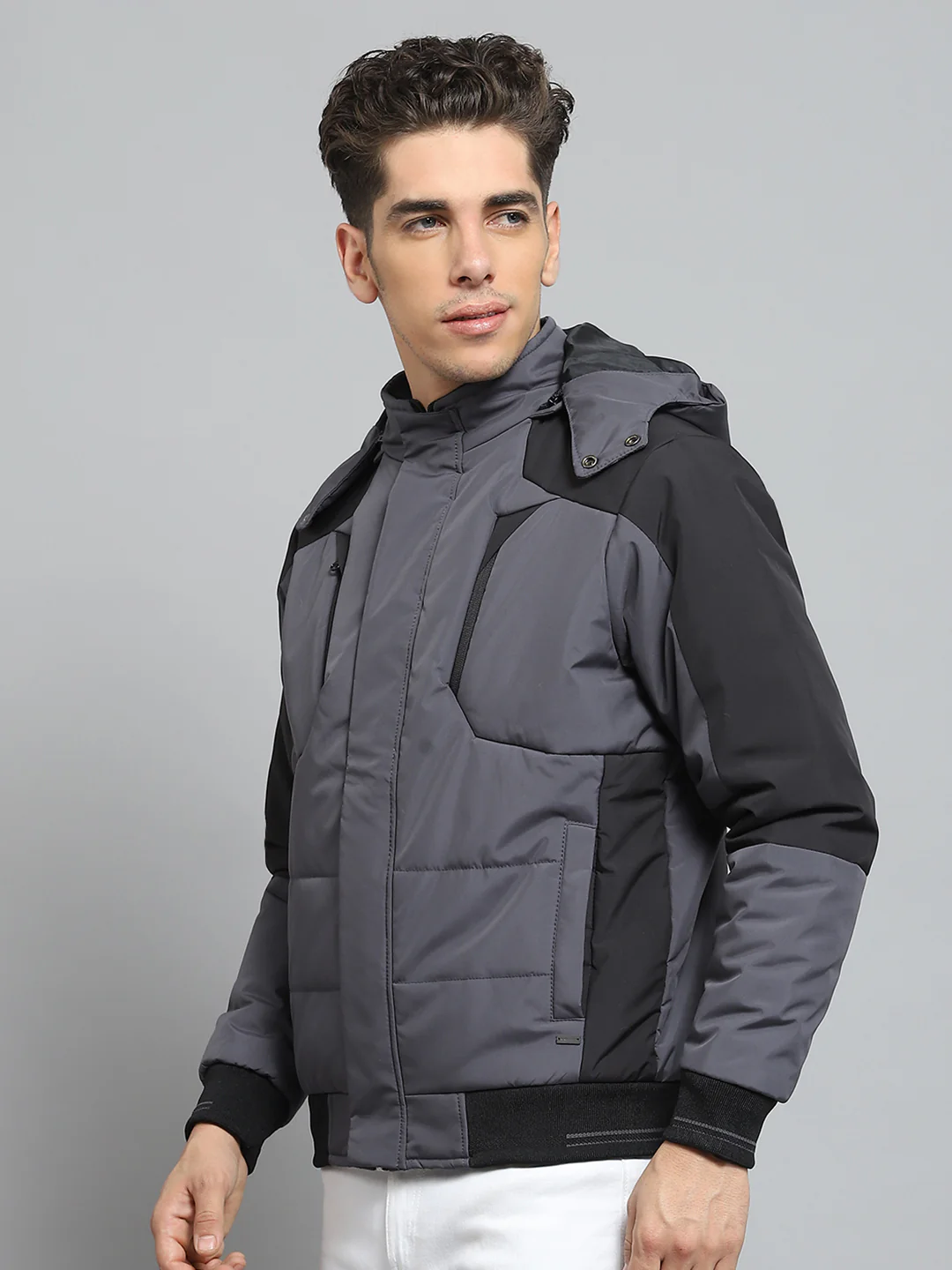 Men Grey Solid Detachable Hood Full Sleeve Jacket - Image 3