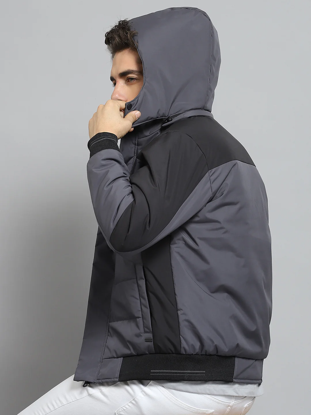 Men Grey Solid Detachable Hood Full Sleeve Jacket - Image 6
