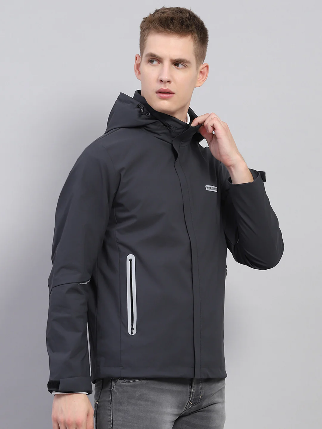 Men Grey Solid Detachable Hood Full Sleeve Jacket - Image 4
