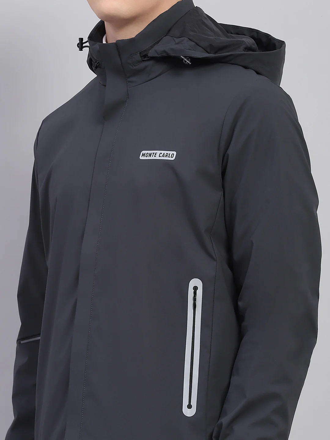 Men Grey Solid Detachable Hood Full Sleeve Jacket - Image 6