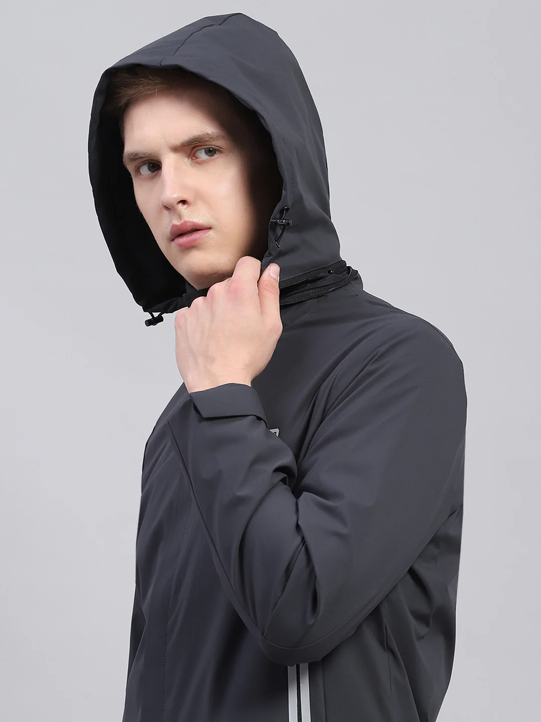 Men Grey Solid Detachable Hood Full Sleeve Jacket - Image 7