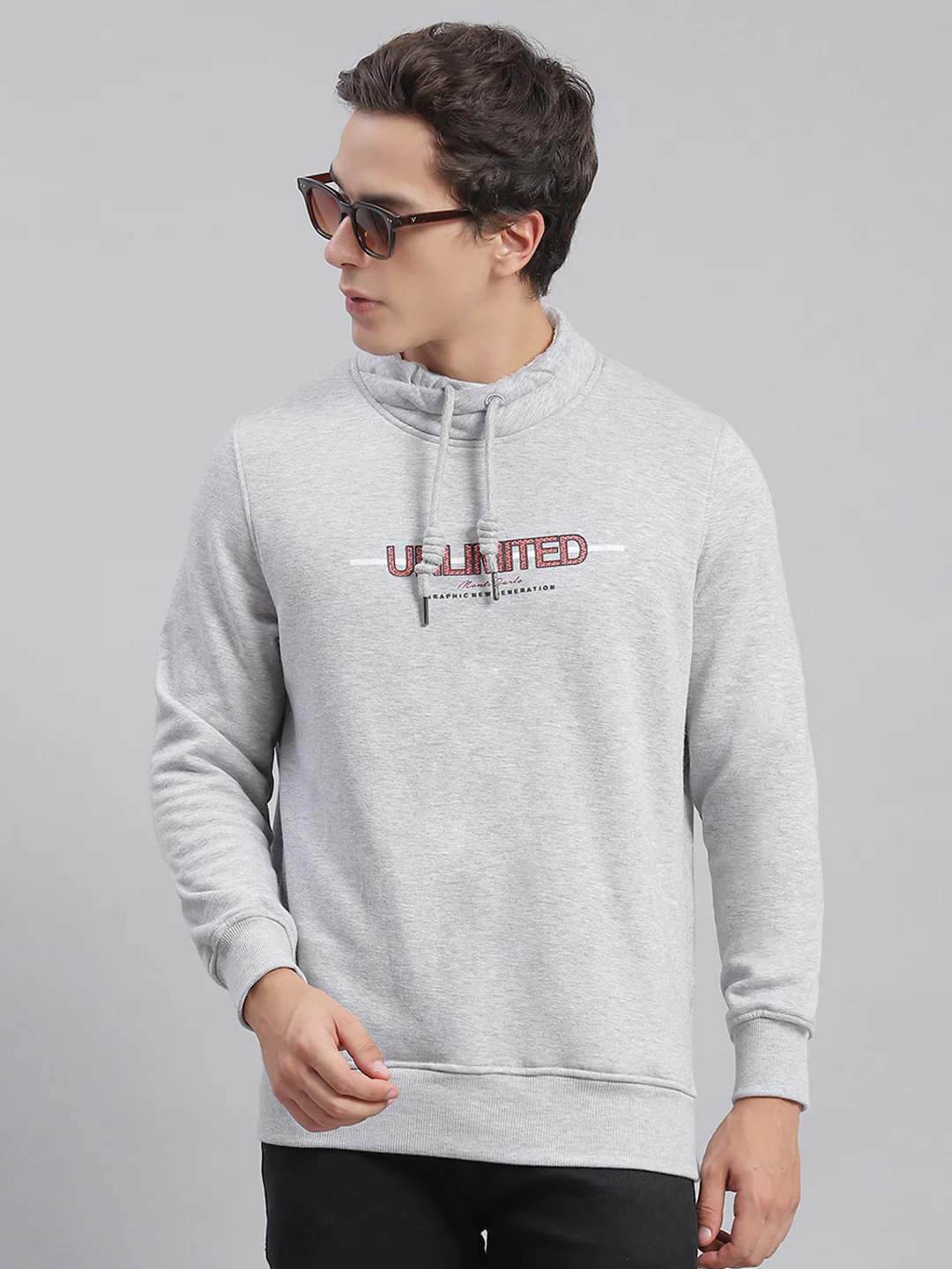 Men Grey Solid F Neck Full Sleeve Sweatshirts - Image 4
