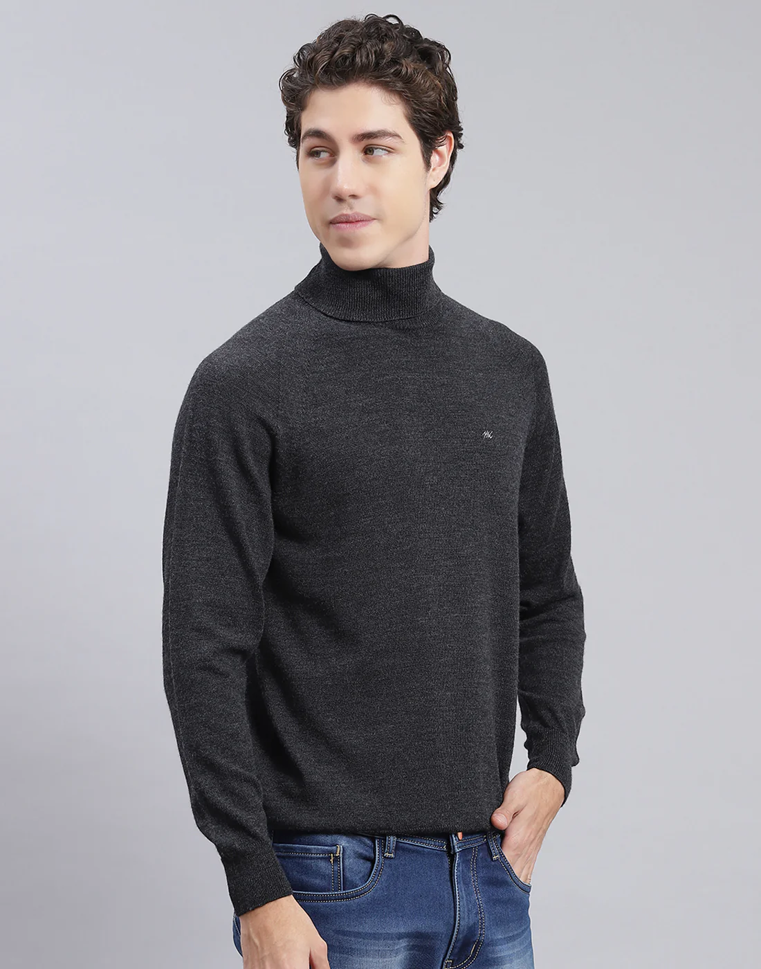 Men Grey Solid High Neck Full Sleeve Pullover - Image 4