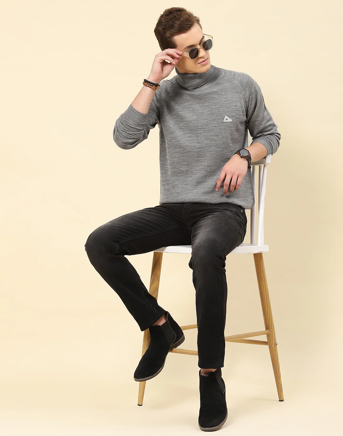 Men Grey Solid High Neck Full Sleeve Pullover - Image 2