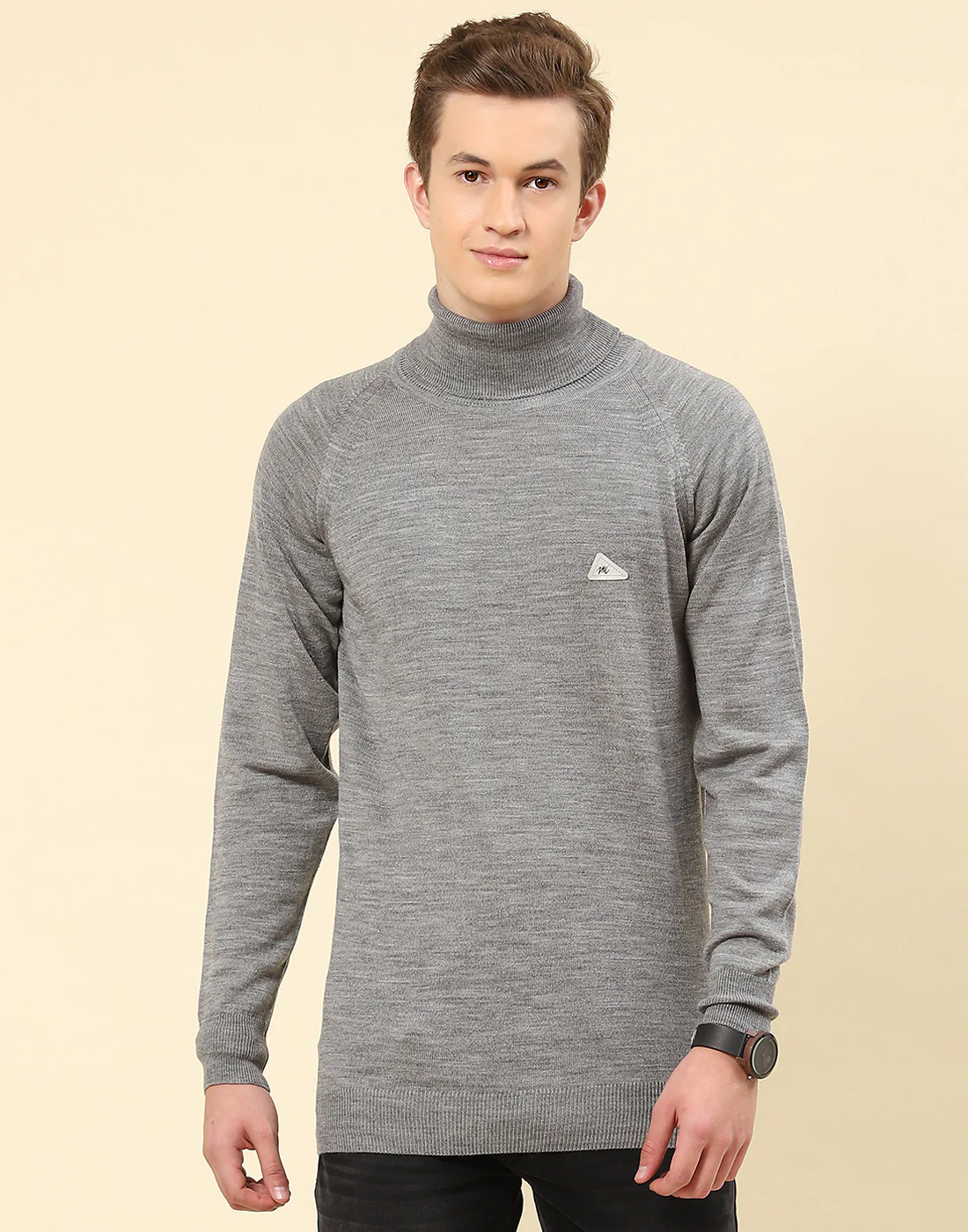 Men Grey Solid High Neck Full Sleeve Pullover - Image 3