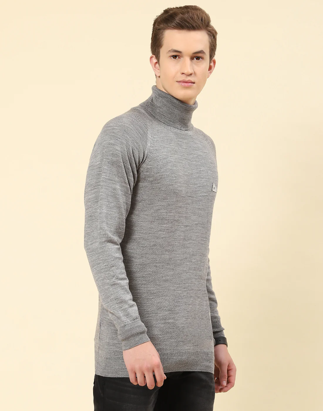 Men Grey Solid High Neck Full Sleeve Pullover - Image 4