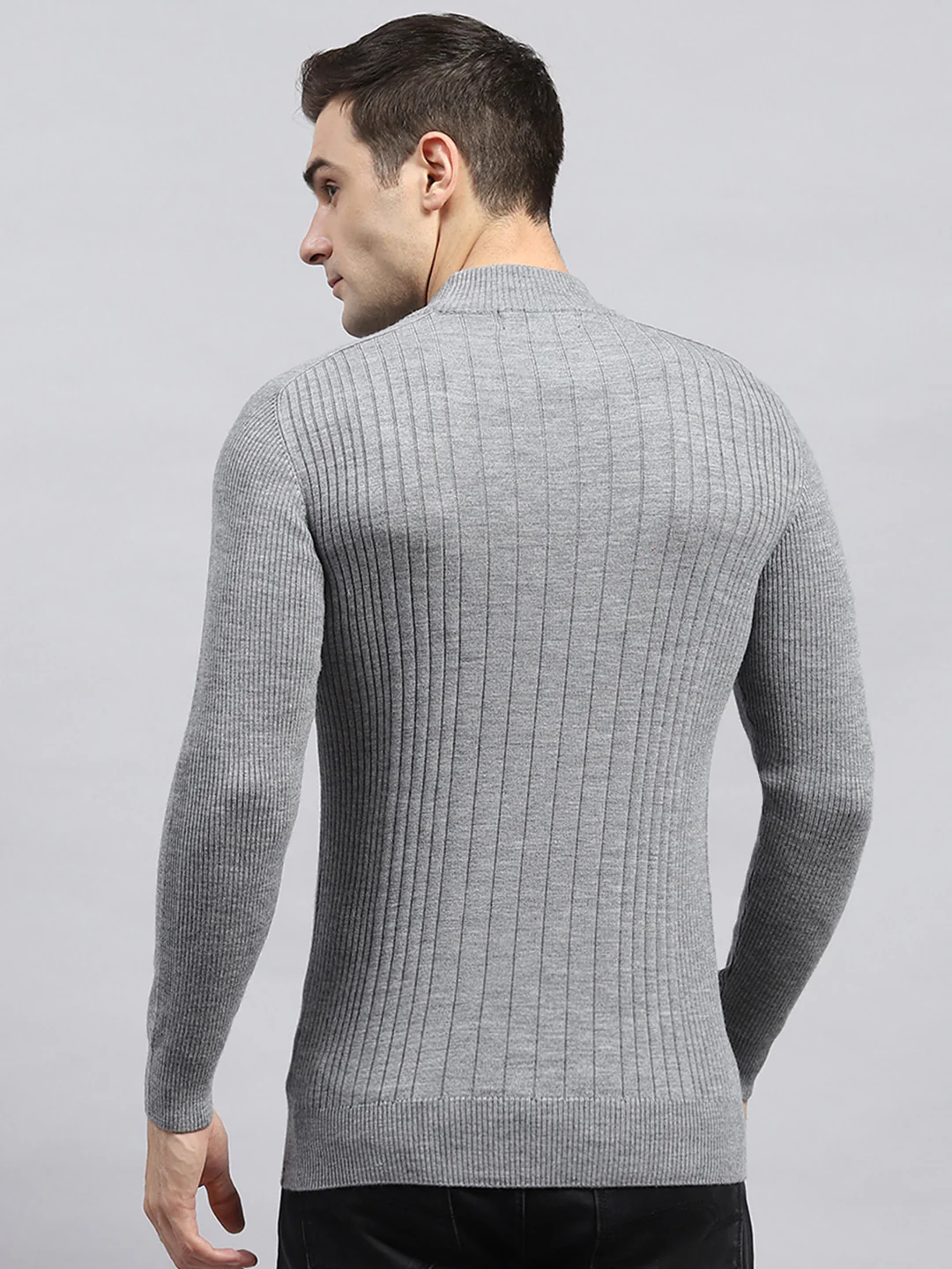 Men Grey Solid High Neck Full Sleeve Pullover - Image 5