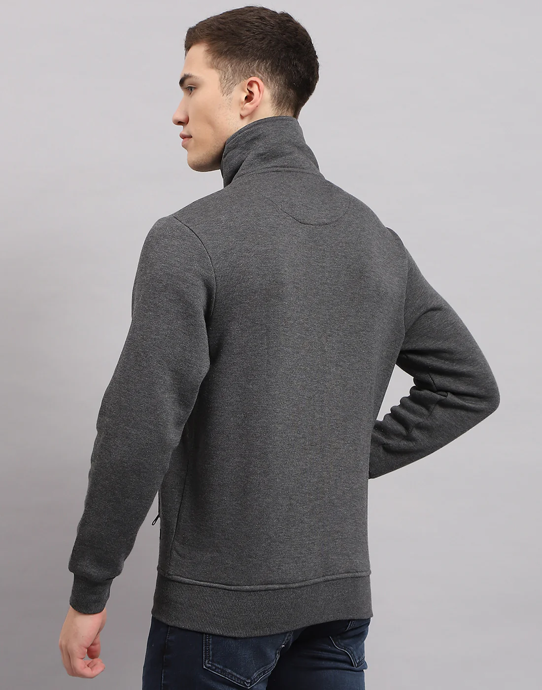 Men Grey Solid High Neck Full Sleeve Sweatshirt - Image 5