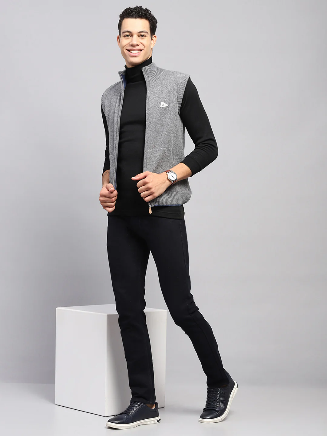 Men Grey Solid High Neck Sleeveless Sweater - Image 2