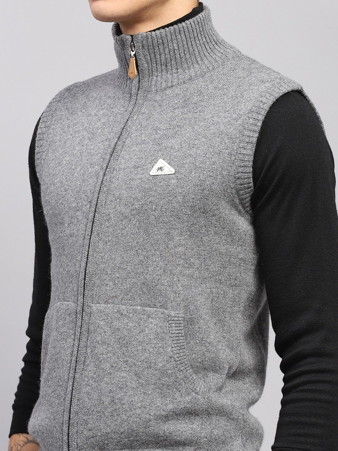 Men Grey Solid High Neck Sleeveless Sweater - Image 6