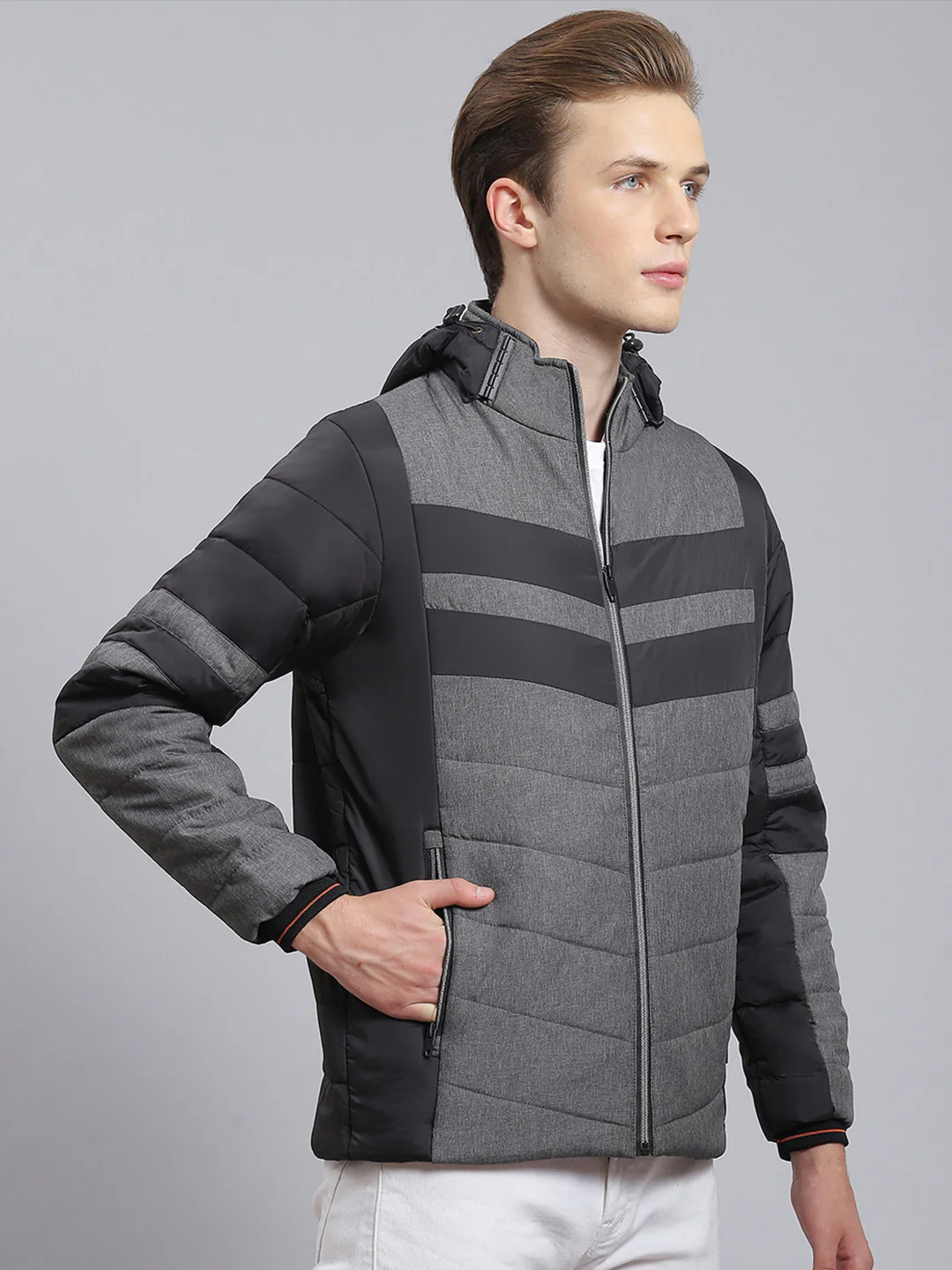 Men Grey Solid Hooded Full Sleeve Jacket - Image 3
