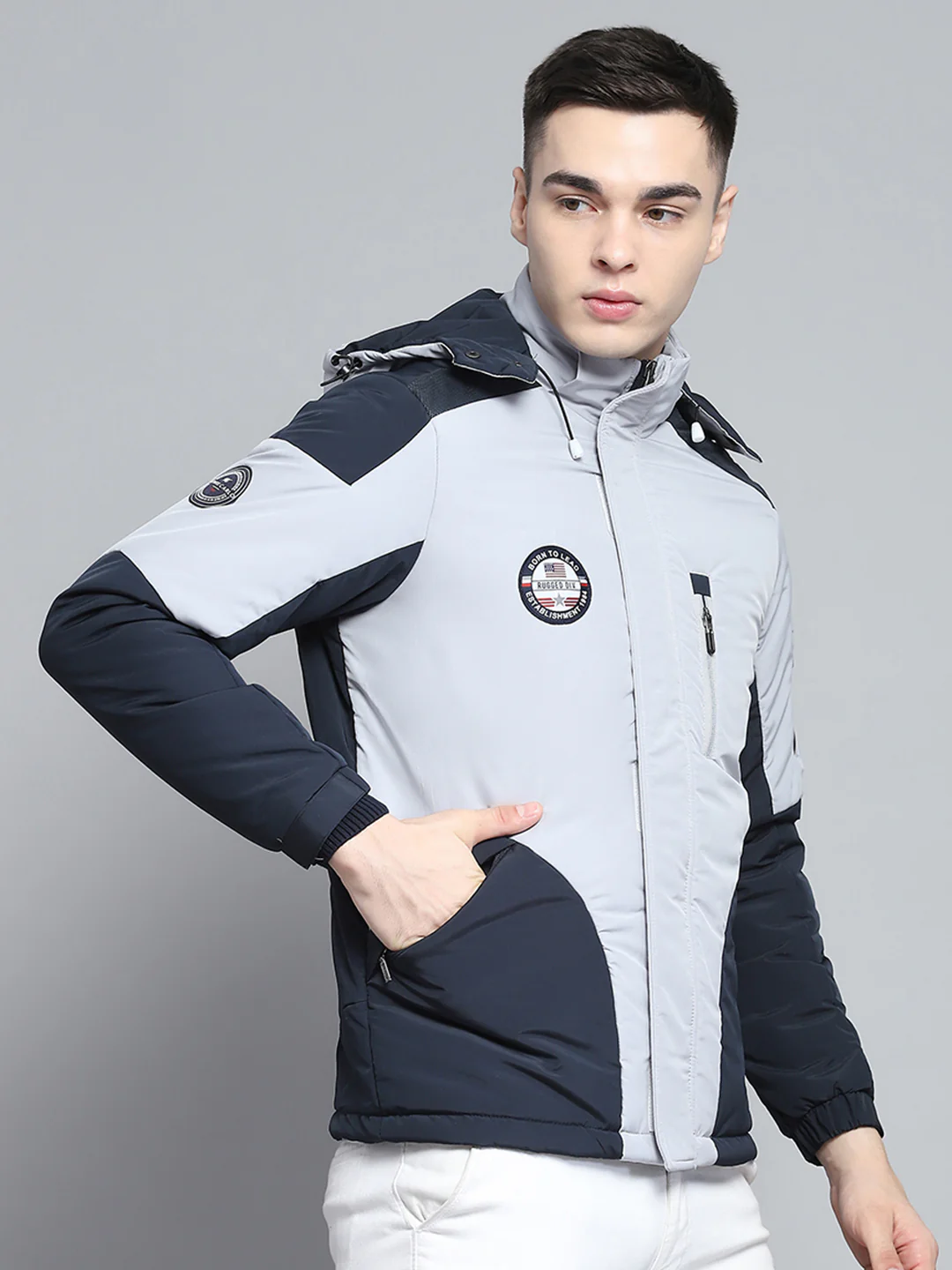 Men Grey Solid Hooded Full Sleeve Jacket - Image 4