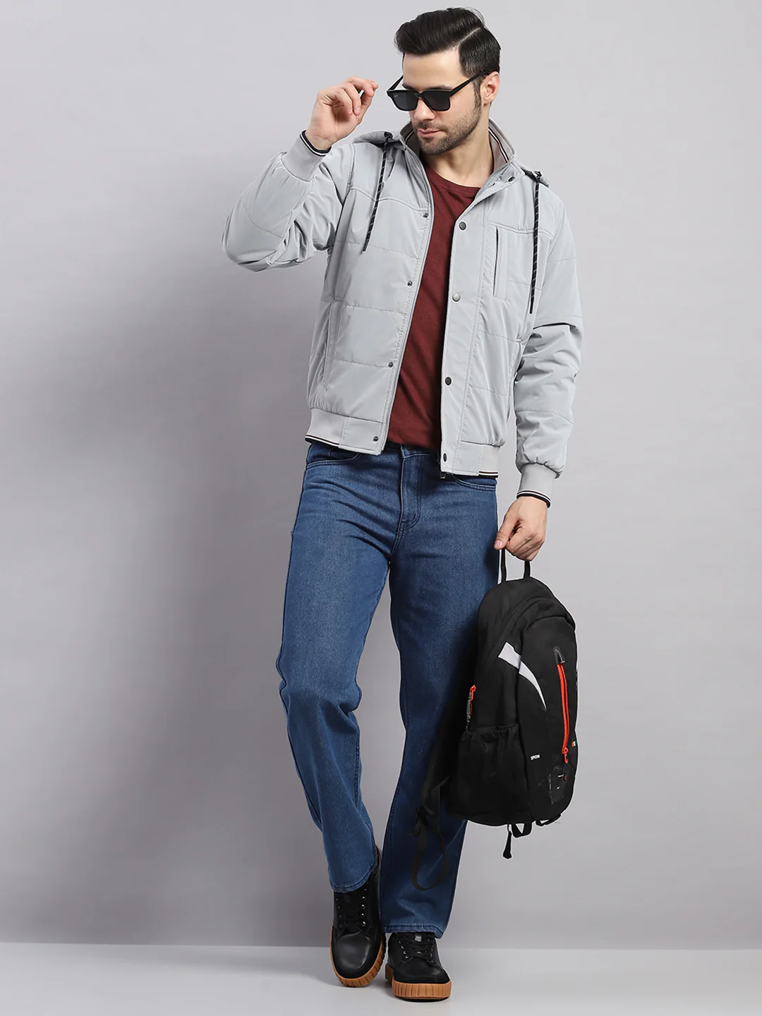 Men Grey Solid Hooded Full Sleeve Jacket - Image 2