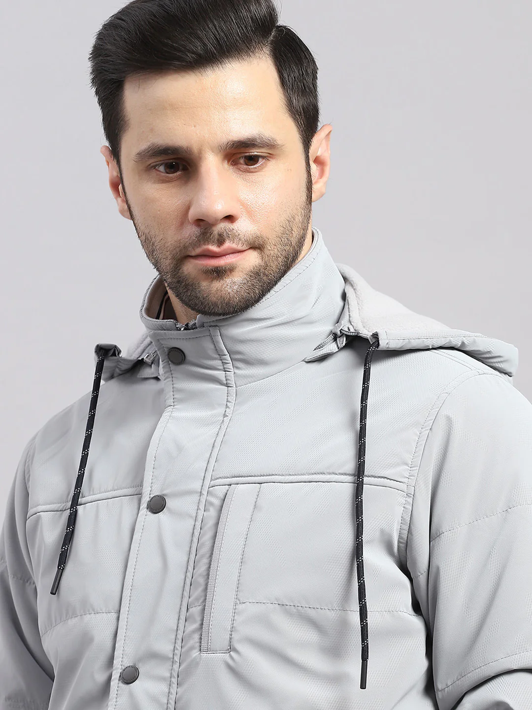 Men Grey Solid Hooded Full Sleeve Jacket - Image 7