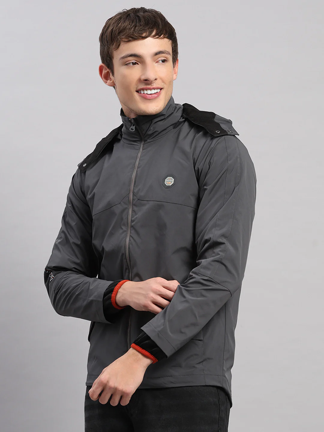 Men Grey Solid Hooded Full Sleeve Jacket - Image 3