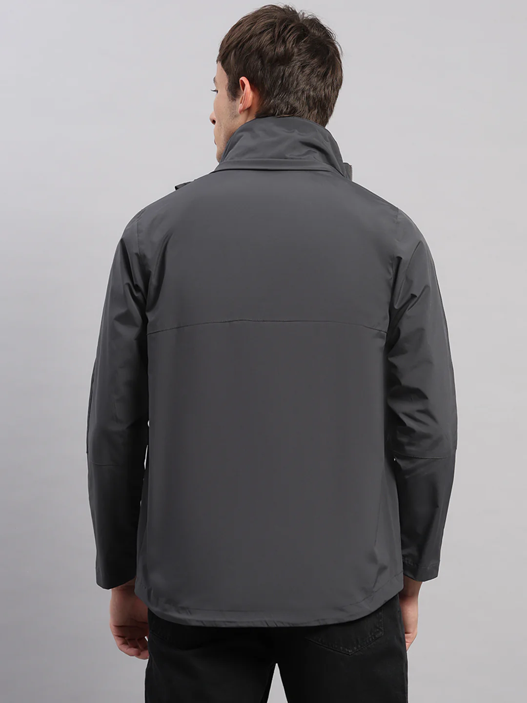 Men Grey Solid Hooded Full Sleeve Jacket - Image 5