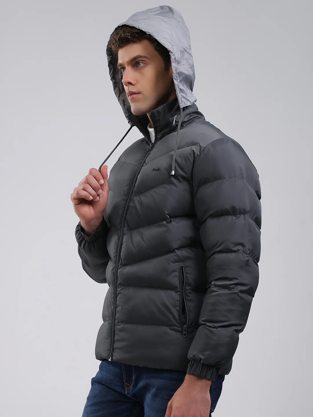 Men Grey Solid Hooded Full Sleeve Jacket - Image 7