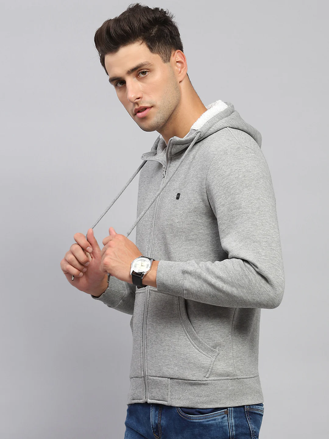Men Grey Solid Hooded Full Sleeve Sweatshirt - Image 3