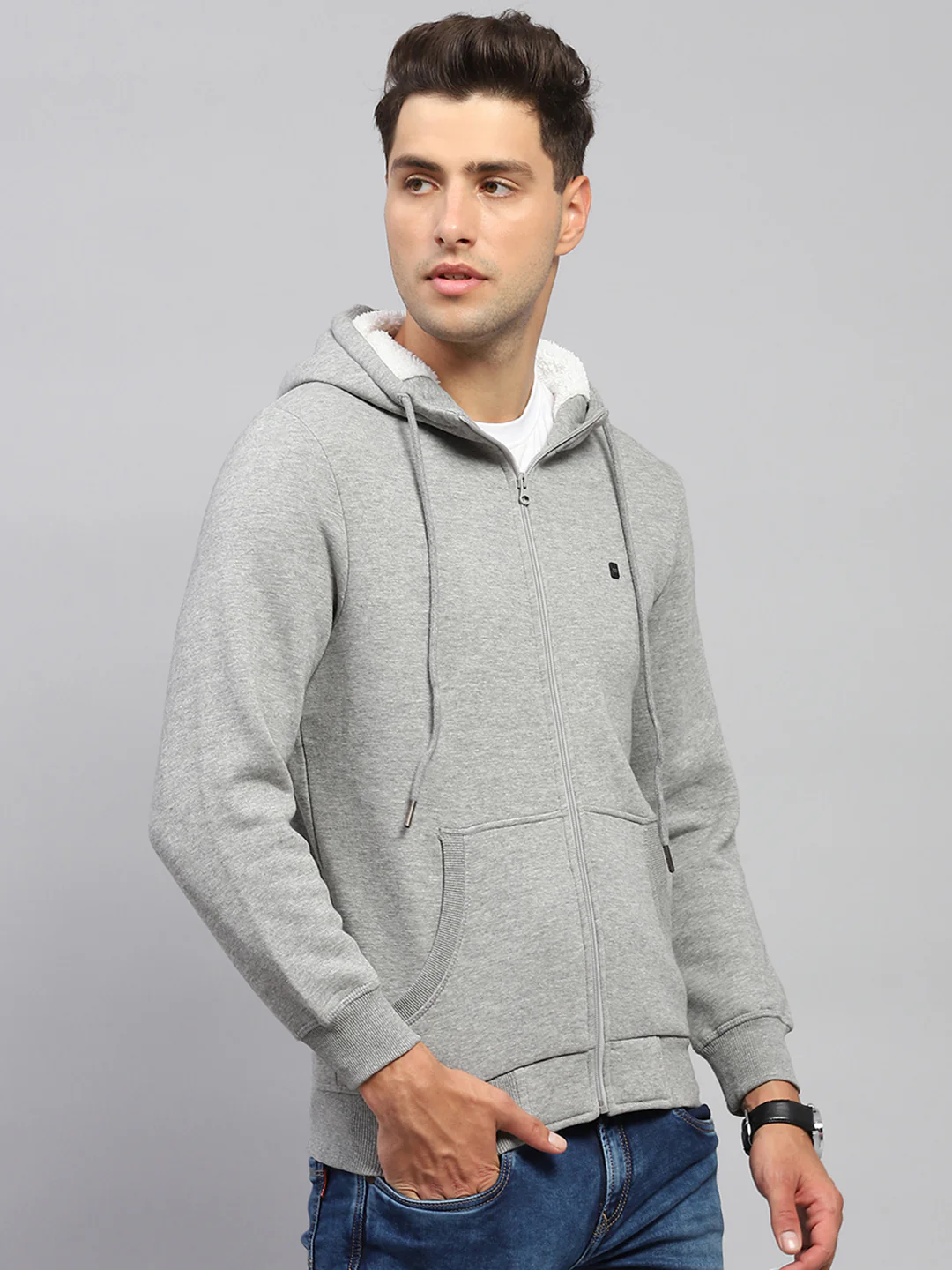 Men Grey Solid Hooded Full Sleeve Sweatshirt - Image 4