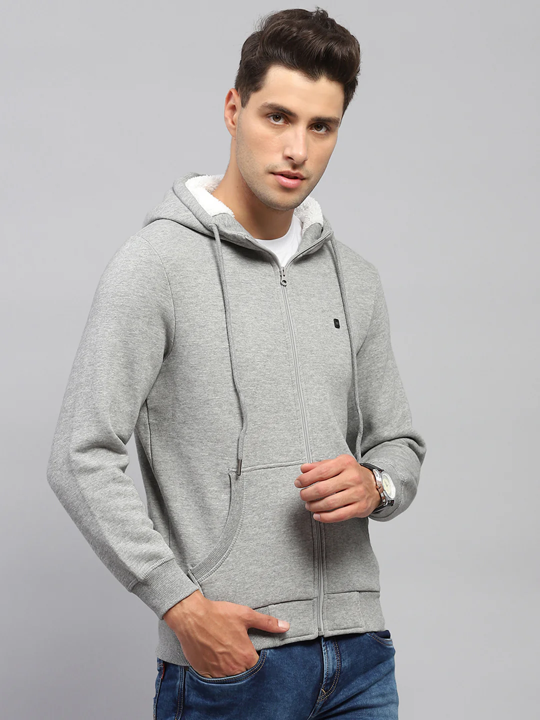 Men Grey Solid Hooded Full Sleeve Sweatshirt - Image 6