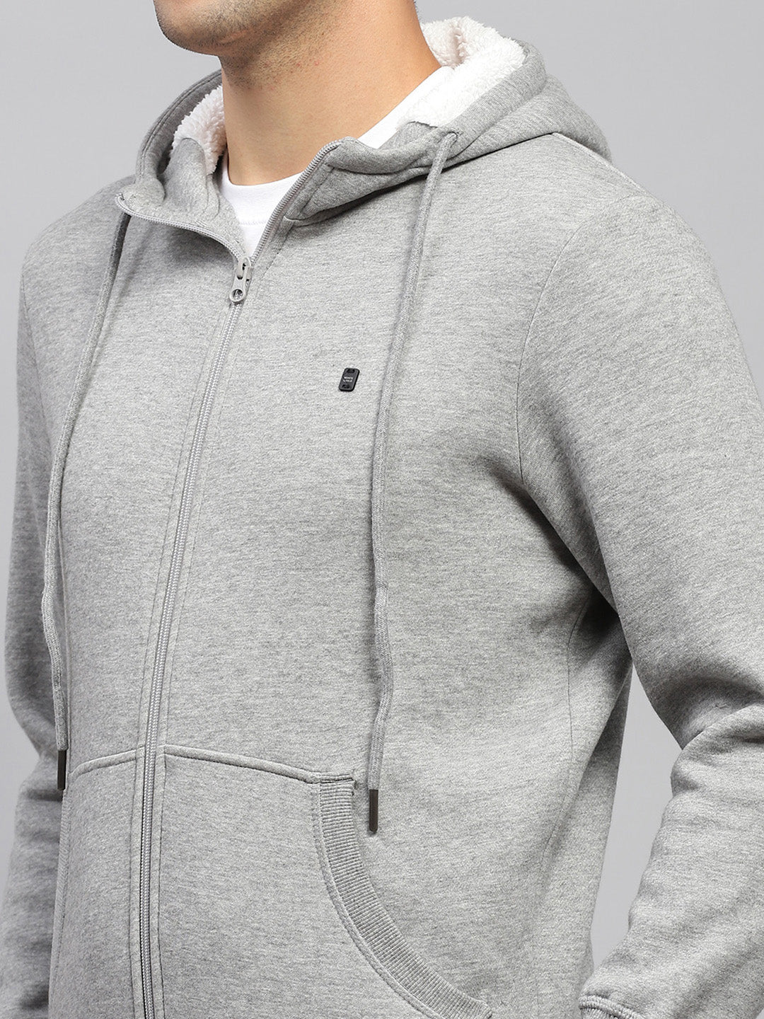 Men Grey Solid Hooded Full Sleeve Sweatshirt - Image 7