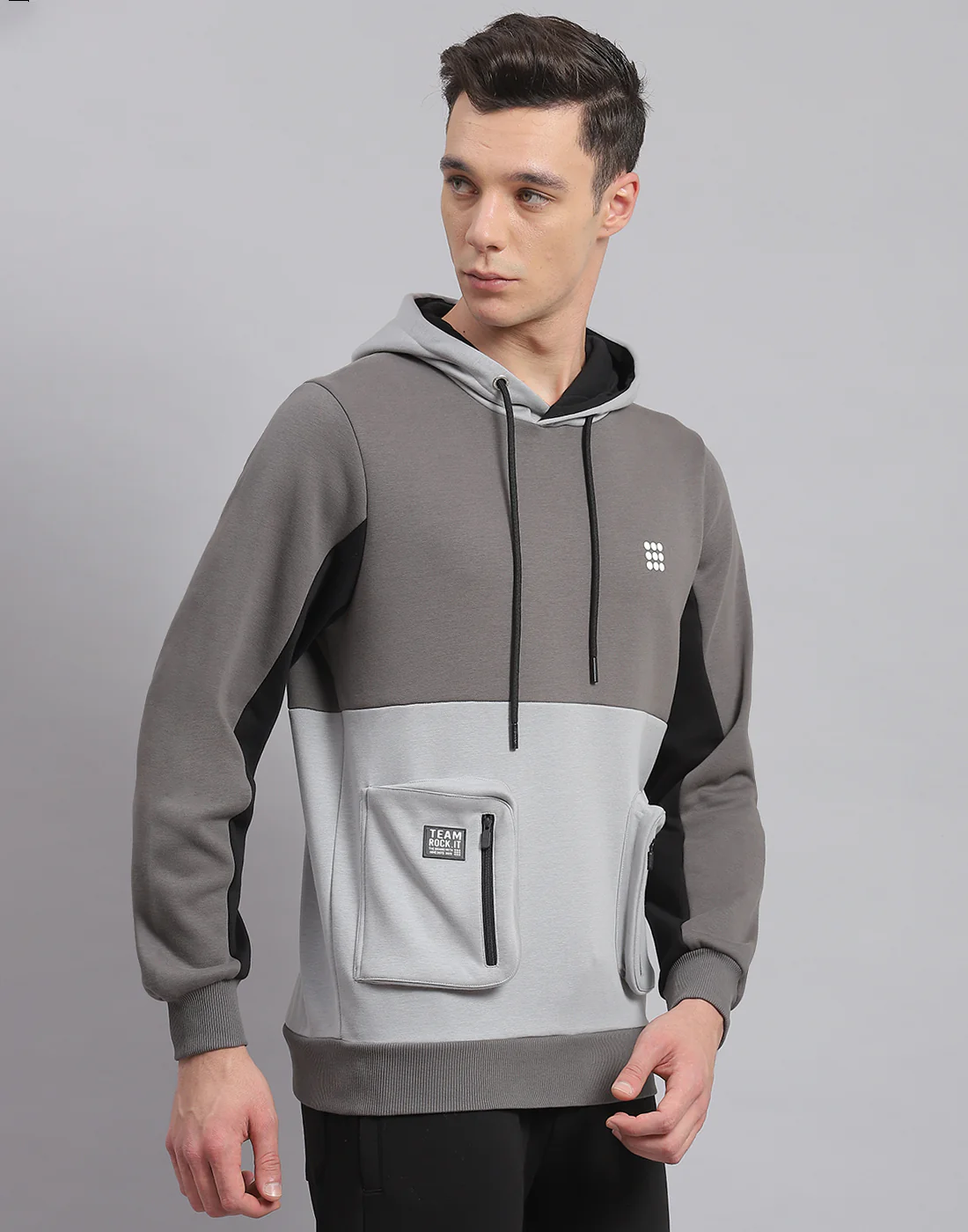 Rock.it Men Grey Solid Hooded Full Sleeve Sweatshirt - Image 4
