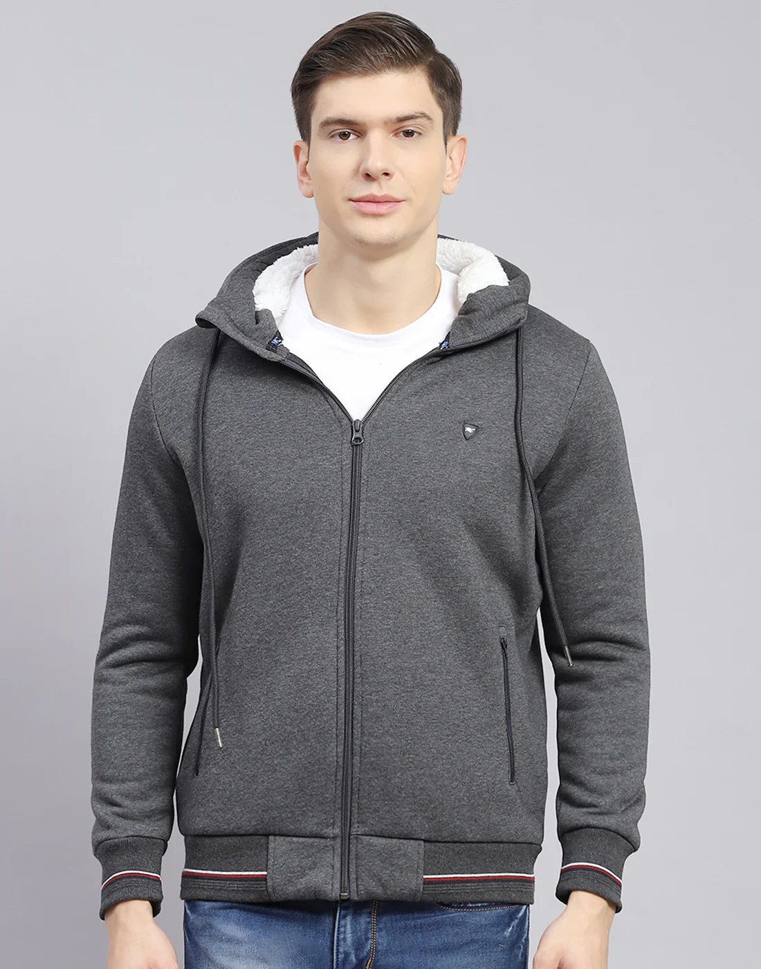 Men Grey Solid Hooded Full Sleeve Sweatshirt - Image 3