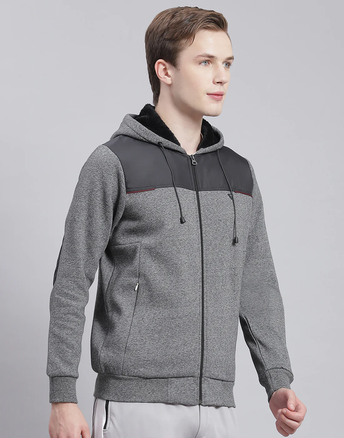 Men Grey Solid Hooded Full Sleeve Sweatshirt - Image 5