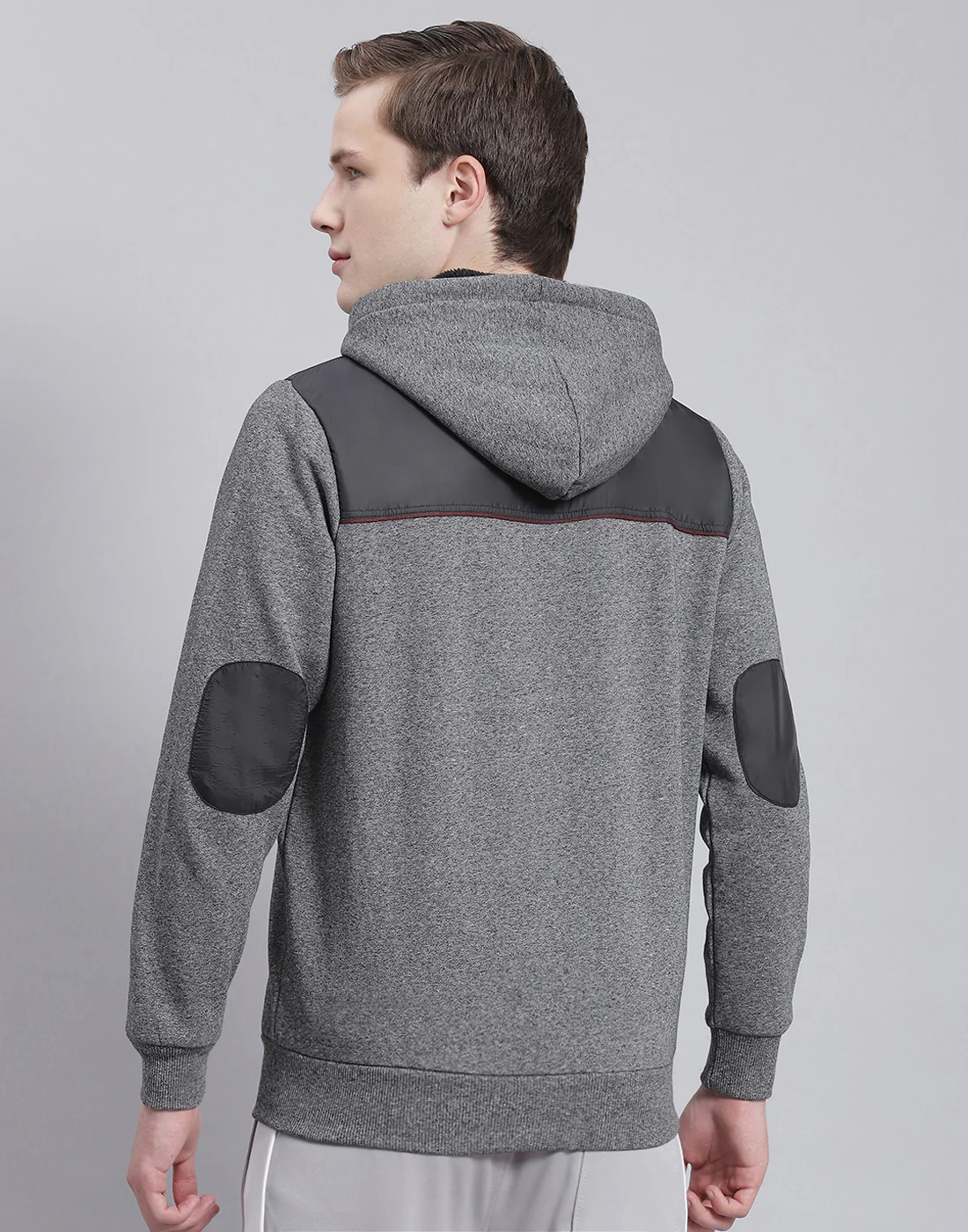 Men Grey Solid Hooded Full Sleeve Sweatshirt - Image 6