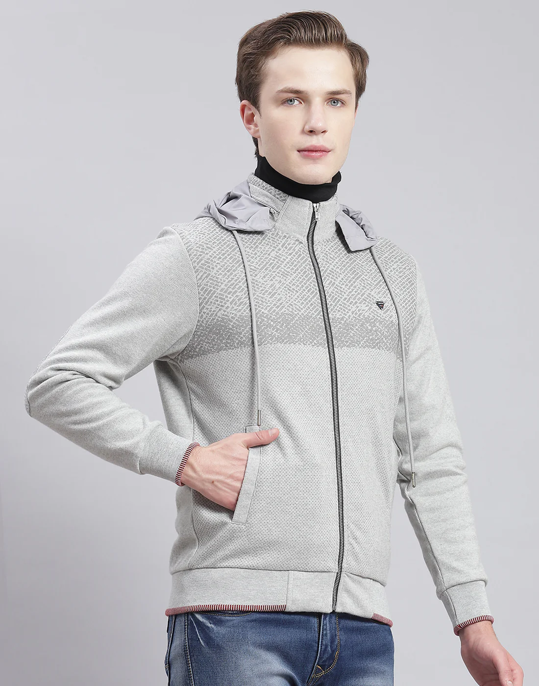 Men Grey Solid Hooded Full Sleeve Sweatshirt - Image 4