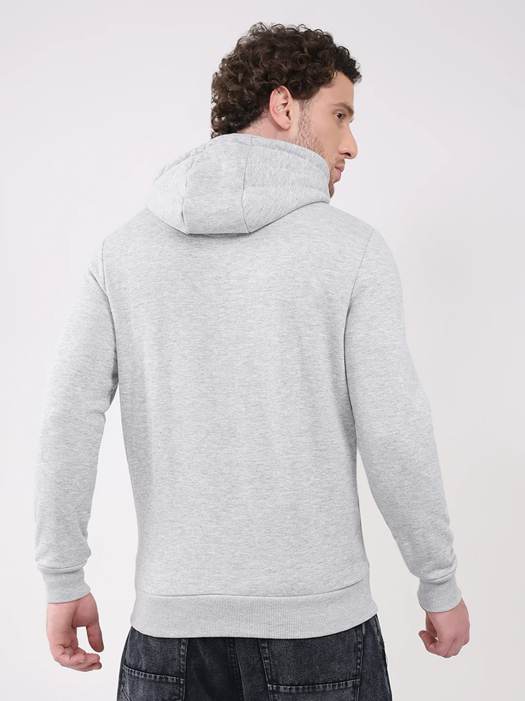 Men Grey Solid Hooded Full Sleeve Sweatshirt - Image 5
