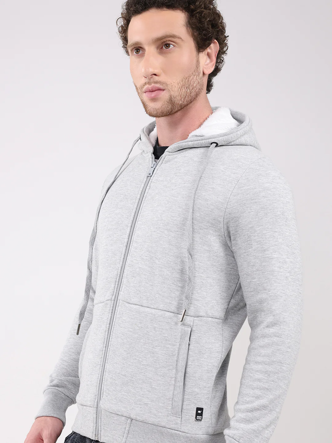 Men Grey Solid Hooded Full Sleeve Sweatshirt - Image 6