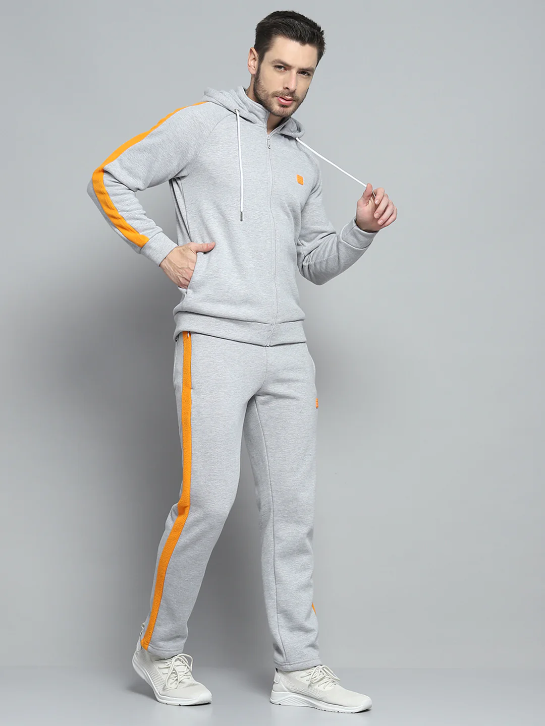 Rock.it Men Grey Solid Hooded Full Sleeve Winter Tracksuit - Image 4